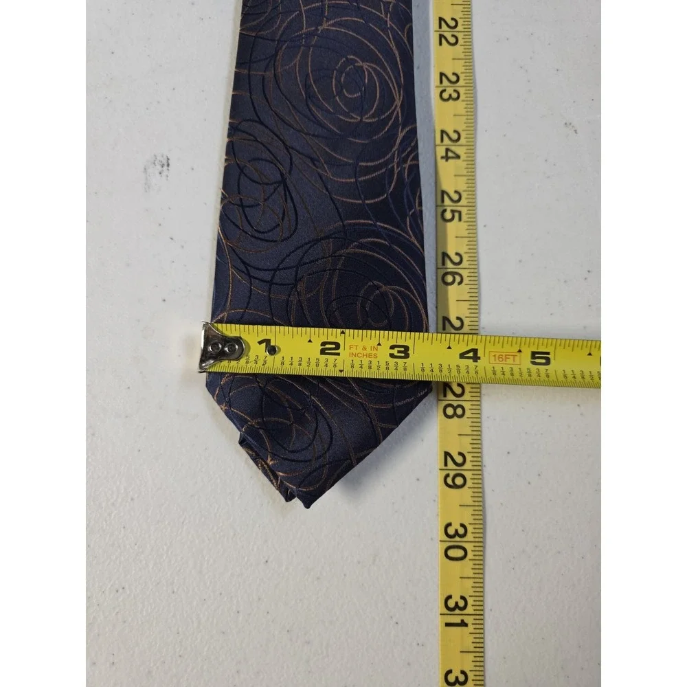 Barry Wang Mens Classic Abstract Gold Rose Blue Silk Necktie Designer Business